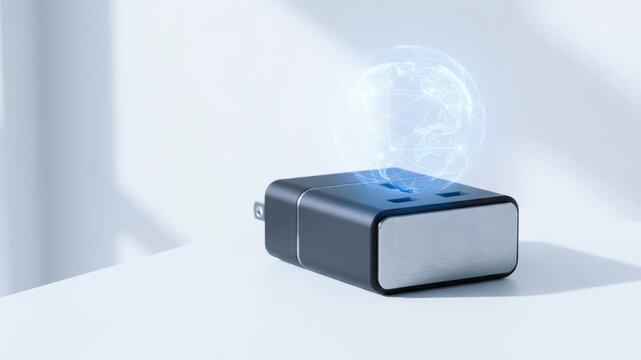 Compact electronic device with glowing globe symbolizing digital connection and modern wireless technology on white surface
