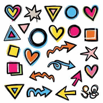 Colorful, hand-drawn abstract shapes: hearts, triangles, circles, stars, squares, and arrows on white.