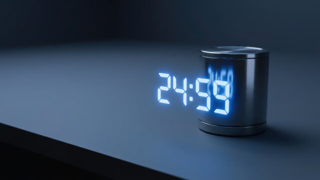 Digital alarm clock displaying 2459 on dark tabletop, creating moody scene with cool light and quiet nighttime atmosphere