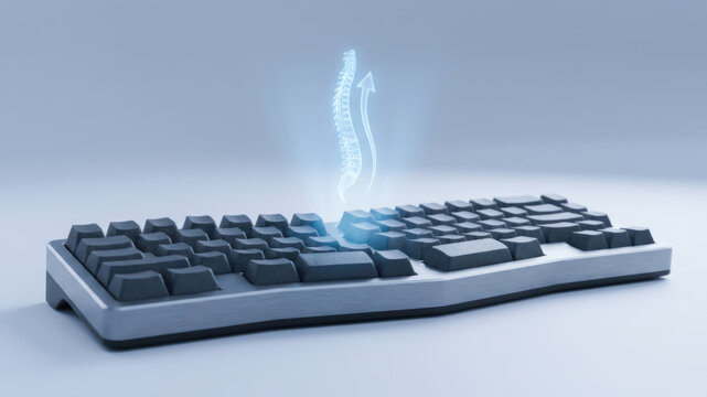 Ergonomic keyboard with glowing spinal alignment symbol clean desk, suggesting posture support, office comfort, and modern computer workspace