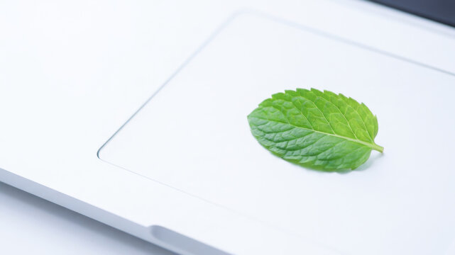 Fresh green mint leaf on white digital tablet surface creates clean natural technology concept with soft minimal styling