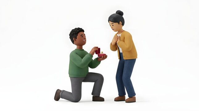 Animated Couple Engaged in Proposal with Gift Box in Bright Minimalist Scene
