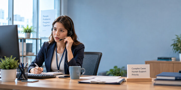 AI generated customer support specialist taking over complex case from an AI assistant while listening attentively to caller recording details modern office