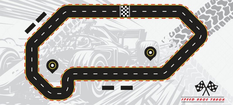 Speed Race Background. Race track in black color with tyre marks and city map on a white background.