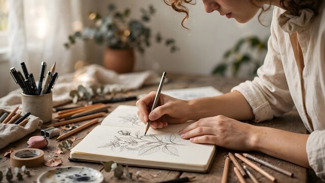 Illustrator working carefully on a detailed drawing surrounded by traditional art materials