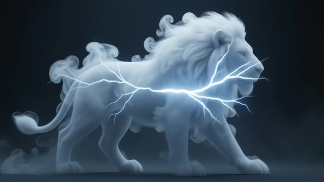 Majestic lion formed from swirling white smoke with electric lightning animation crackling through its powerful body