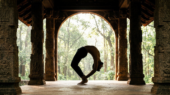 Man doing backbend yoga pose in ancient temple archway, forest view