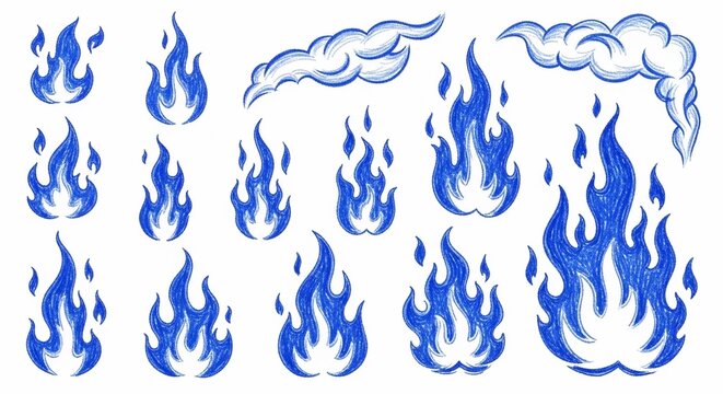 Blue flames and smoke illustration, set of stylized fire elements.