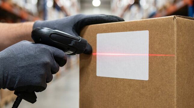 Handheld Barcode Scanner Laser Scanning Blank White Carton Label by Gloved Worker in Modern Warehouse, Macro Close Up Commercial Logistics Cargo Inventory Tracking Stock Management Shipping System