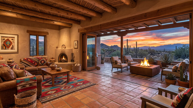 Southwestern Adobe Living Room with Kiva Fireplace and Desert Sunset