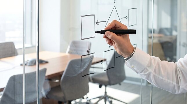 Business Process Flowchart Drawn with Black Marker on Clear Glass Partition Wall by Professional Hand, Faceless View Strategic Planning Workflow Mapping Corporate Agile Decision Making Consultation