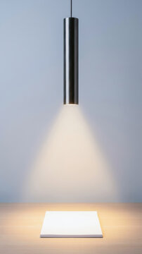 Pendant lamp casts warm light onto blank paper sheet in minimal interior, creating calm space for design, writing, and presentation