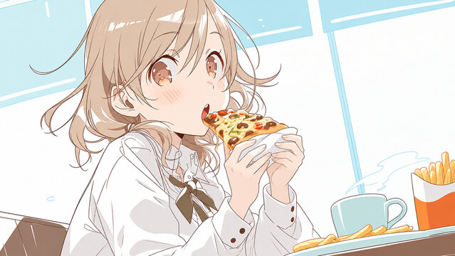 Anime style young woman enjoying a pizza slice with french fries and coffee on a tray，トレーのフライドポテトとコーヒーを添えてピザを味わうアニメ風の若い女性のイラスト