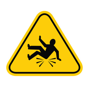 Slippery floor warning sign illustration featuring a bold yellow triangular shape with black icon depicting a person falling down dangerously
