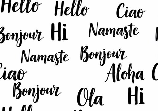 Global Greetings Collage: Hello, Hi, Bonjour, Ciao, Ola, Aloha, Namaste - Diverse Communication Backdrop