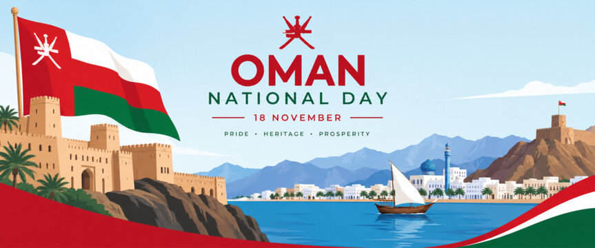 Oman National Day 18 November Banner with Flag, Fort and Muscat Waterfront