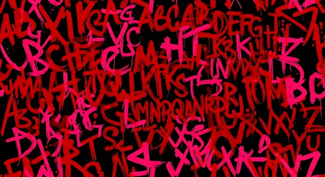 Vibrant red graffiti alphabet background, street art style, abstract lettering, chaotic text pattern.