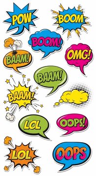Comic book speech bubbles with sound effects and expressions: POW, BOOM, BAAM, LOL, OMG, OOPS.