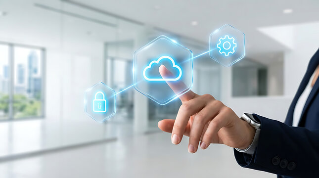 Person touching cloud computing digital interface with security lock and settings icons