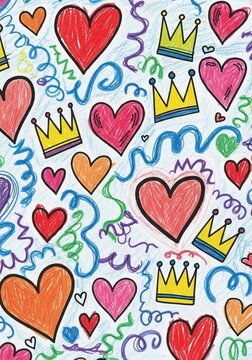 Whimsical hearts and crowns doodle pattern, colorful hand-drawn celebration background
