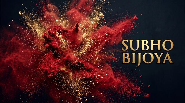 Abstract red sindoor vermilion powder explosion with gold dust and foil typography for Subho Bijoya poster