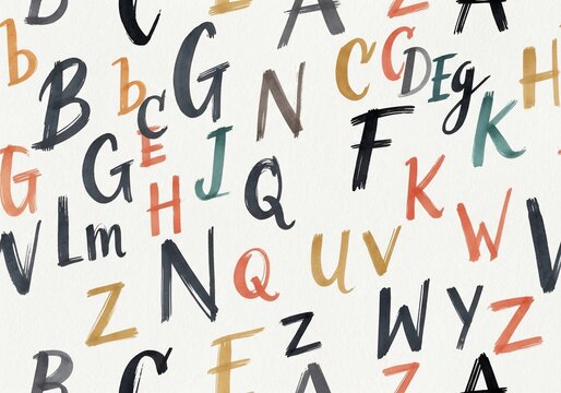 Hand-drawn alphabet letters scattered on a textured background.