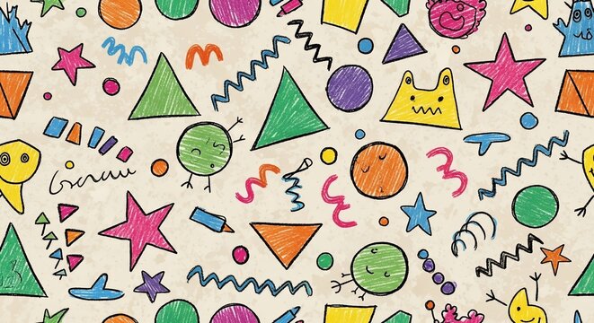 Playful hand-drawn shapes, colorful doodles, abstract pattern, geometric elements, kid's drawing, whimsical design, simple illustrations, fun backdrop