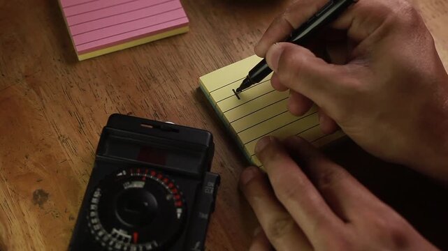 Video of hand writing photography related words on a paper.