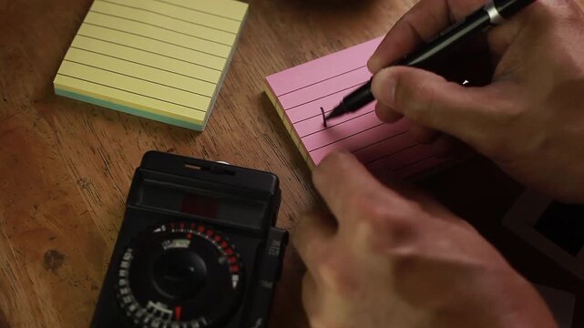 Video of hand writing photography related words on a paper.