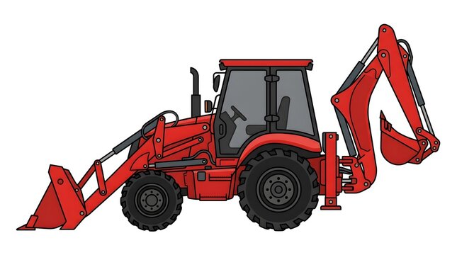 Red backhoe loader with front bucket and rear excavator arm on white background