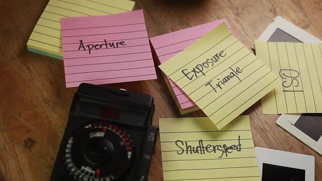 Video of hand with notes about Exposure Triangle in photography Shutter Speed, Aperture and ISO