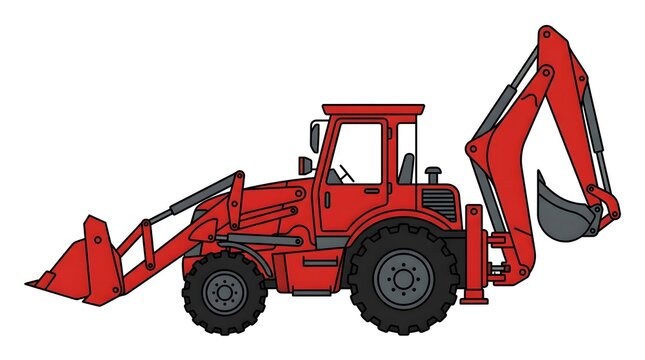 Red backhoe loader with front bucket and excavator arm for construction and excavation work