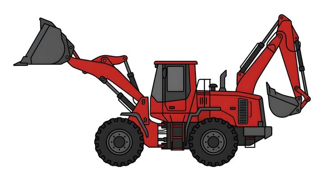 Red backhoe loader with raised front bucket and rear excavator arm isolated on white background