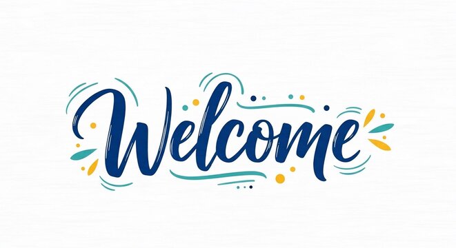 Hand-drawn script "Welcome" with colorful, abstract embellishments on white background.