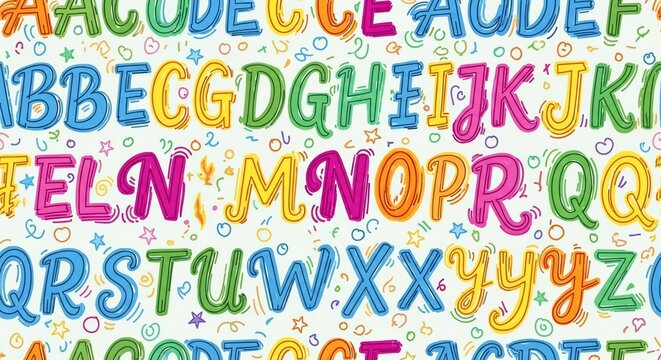 Vibrant, colorful alphabet pattern, educational, playful lettering, cheerful, primary learning, decorative text background.