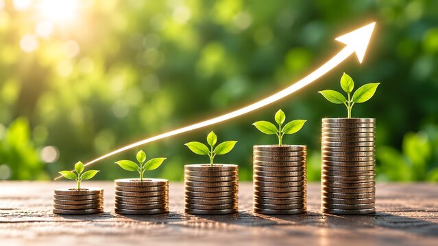 Sustainable financial growth plant sprouts on stacked coins with glowing upward arrow representing green eco investment success