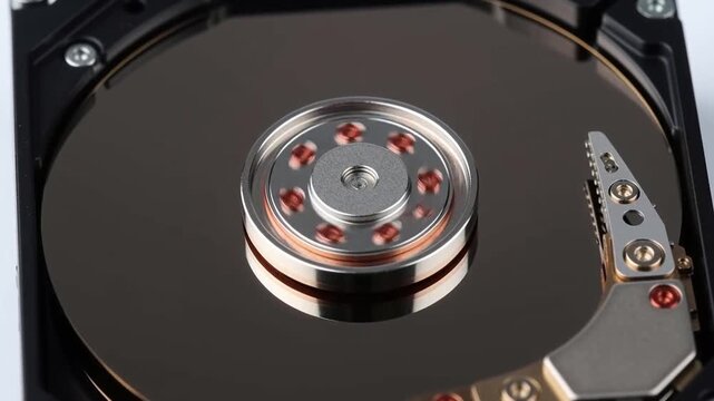 Exposed HDD Magnetic Disc Platter Spinning with Actuator Head Arm 4K