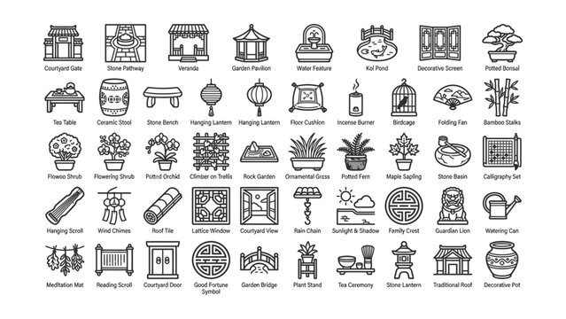 Collection of Traditional Asian Garden Decor Elements with Transparent Background Icons for Design Projects