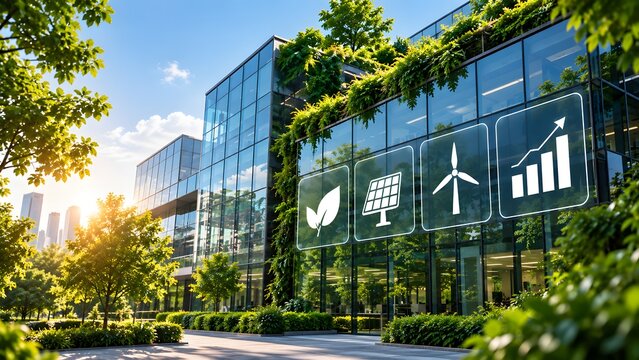 Sustainable corporate building green architecture renewable energy holographic icons environmental social governance business infrastructure