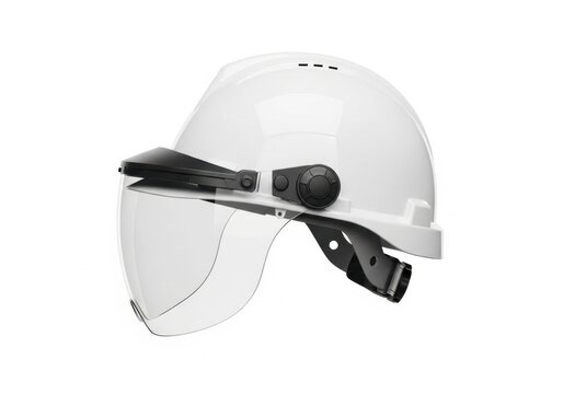 White construction hard hat with transparent protective face shield