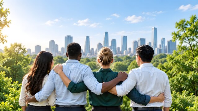 Diverse business team looking at modern city skyline from green park concept of sustainable corporate future and team collaboration