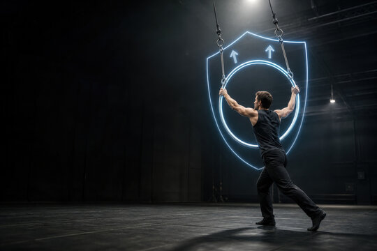 Circus Rigger Testing Aerial Ring with Safety Hologram