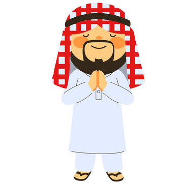 : Smiling Arab man greeting with folded hands wearing traditional keffiyeh cartoon vector.