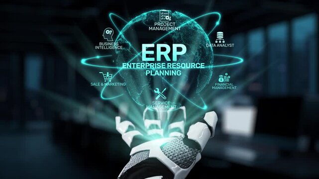 A striking visualization of ERP (Enterprise Resource Planning) using futuristic elements in a modern office setting, showcasing the integration of technology and business management. Synapse
