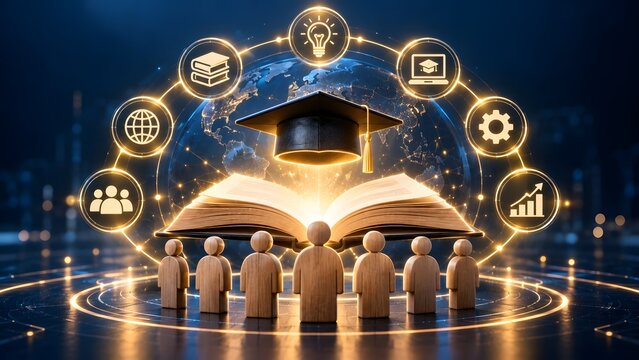 Global digital education and learning success concept with glowing book, graduation cap, and wooden figures on futuristic background.