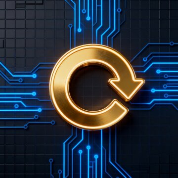 Golden Refresh Arrow Icon on Circuit Board Tech Background