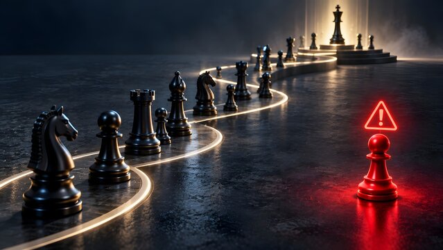 Strategic chess concept featuring a glowing path leading to a king with a red pawn and warning symbol representing business risk and deviation.