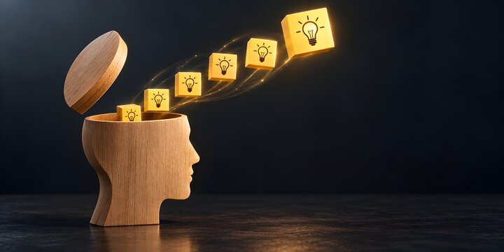 Wooden human head model with glowing lightbulb blocks emerging from open top, symbolizing artificial intelligence, creative brainstorming, and innovative digital thinking concept.