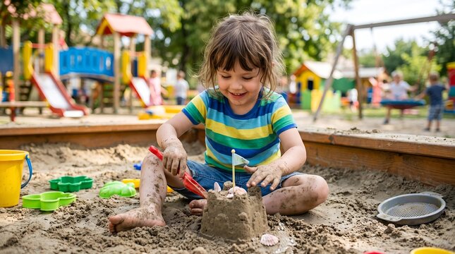 Girl builds sandcastle