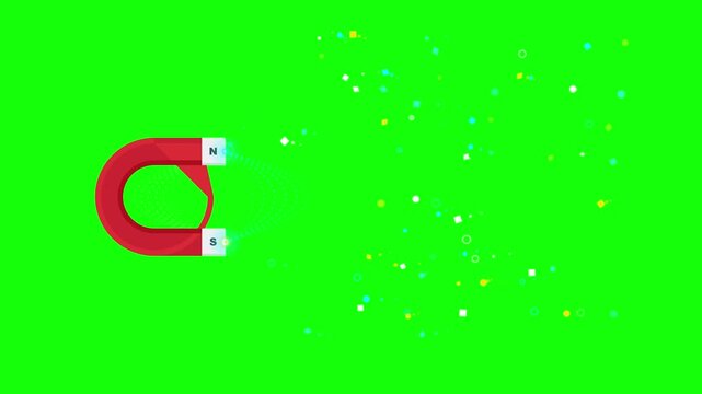 Red Horseshoe Magnet Attracting Small Geometric Shapes on Green Screen